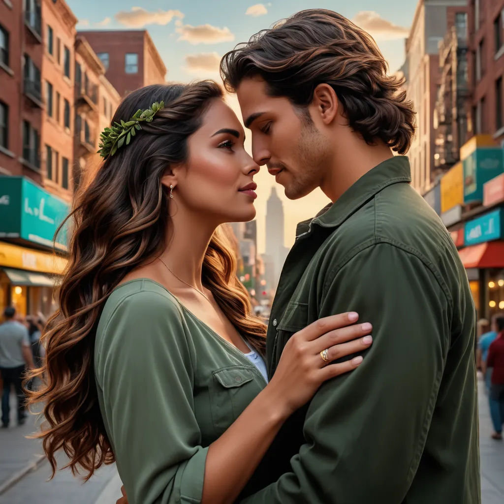 a man and woman standing next to each other on a street corner with buildings in the background and a sky background, romanticism, a photorealistic painting, Dennis Ashbaugh, portrait photography