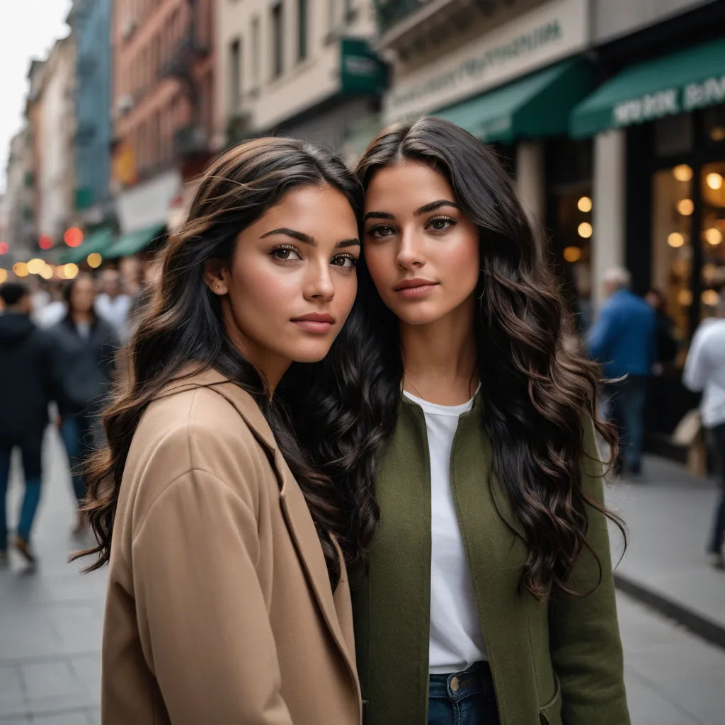 two women standing next to each other on a street corner in front of a store front with people walking by, barbizon school, a photocopy, Christian Hilfgott Brand, symmetrical facial features