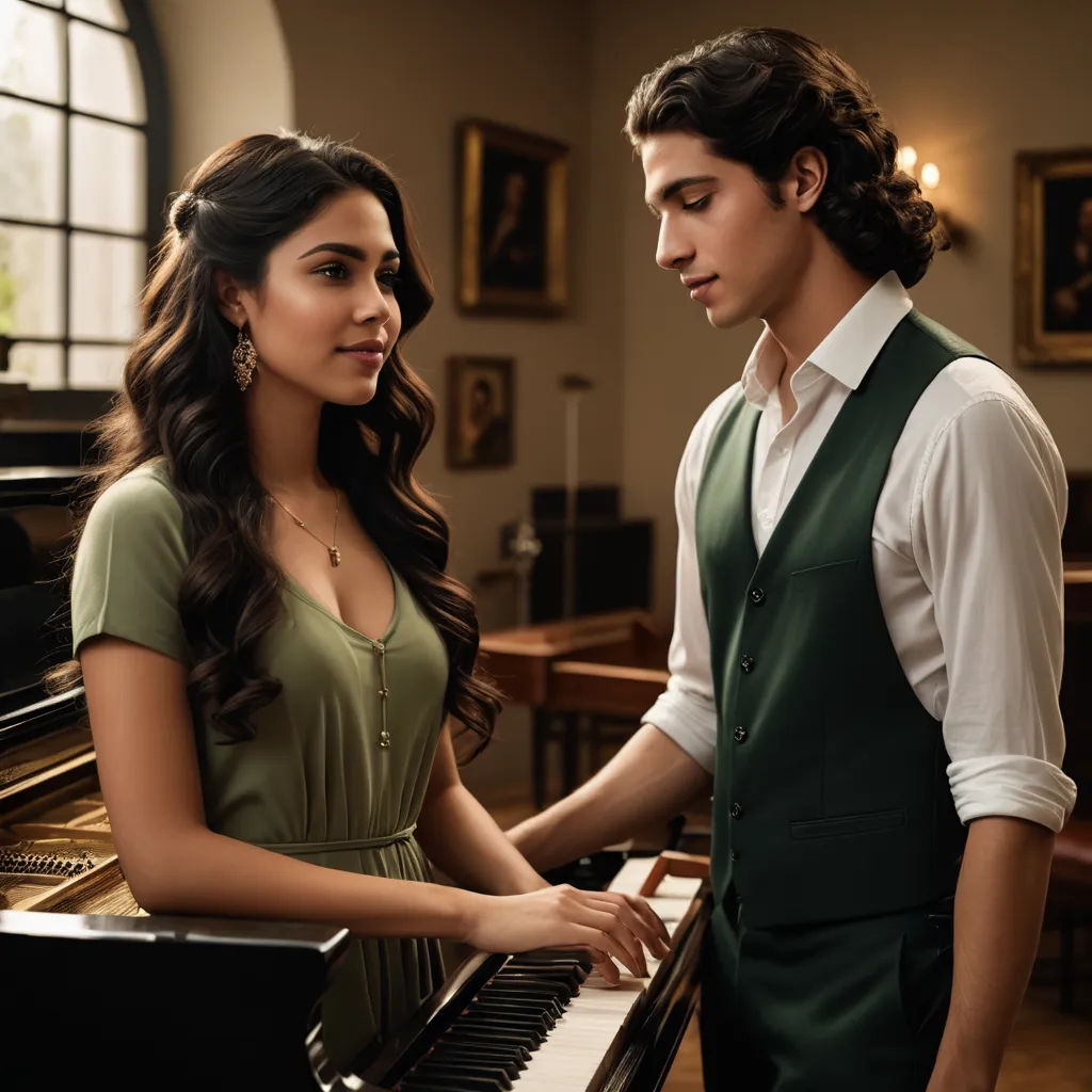 a man and a woman standing next to a piano in a room with a large window and a piano, american barbizon school, a renaissance painting, Christian Hilfgott Brand, promotional image