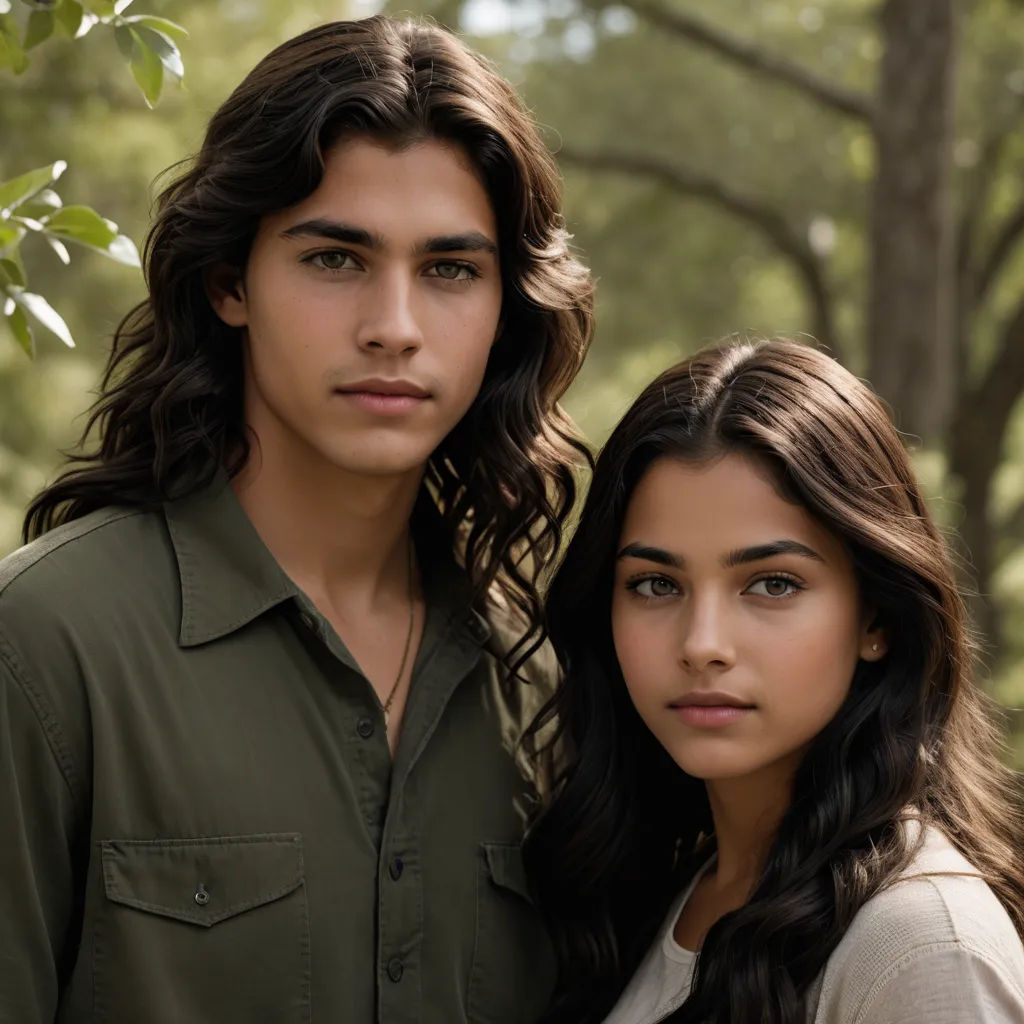 a young man and woman standing next to each other in a forest setting with trees in the background and one woman with long hair, naturalism, concept art, Andries Both, promotional image