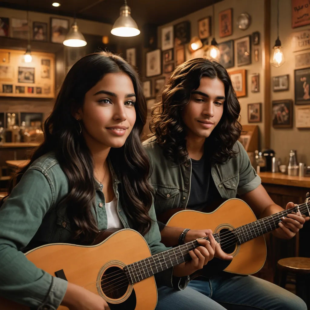 a man and a woman sitting next to each other holding guitars in a bar with posters on the wall, barbizon school, an album cover, Anson Maddocks, promotional image
