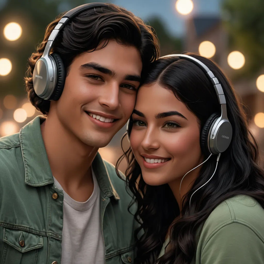 a man and a woman with headphones on smiling at the camera, with lights in the background and a street light in the background, video art, a stock photo, Eddie Mendoza, promotional image