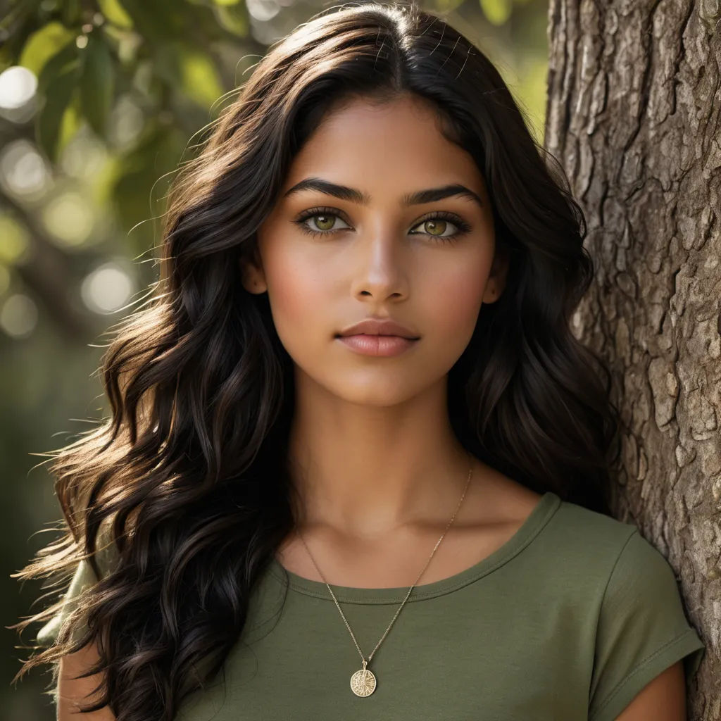 a woman with long hair standing next to a tree wearing a necklace with a medallion on it's neck, samikshavad, a portrait, Alexis Simon Belle, jayison devadas