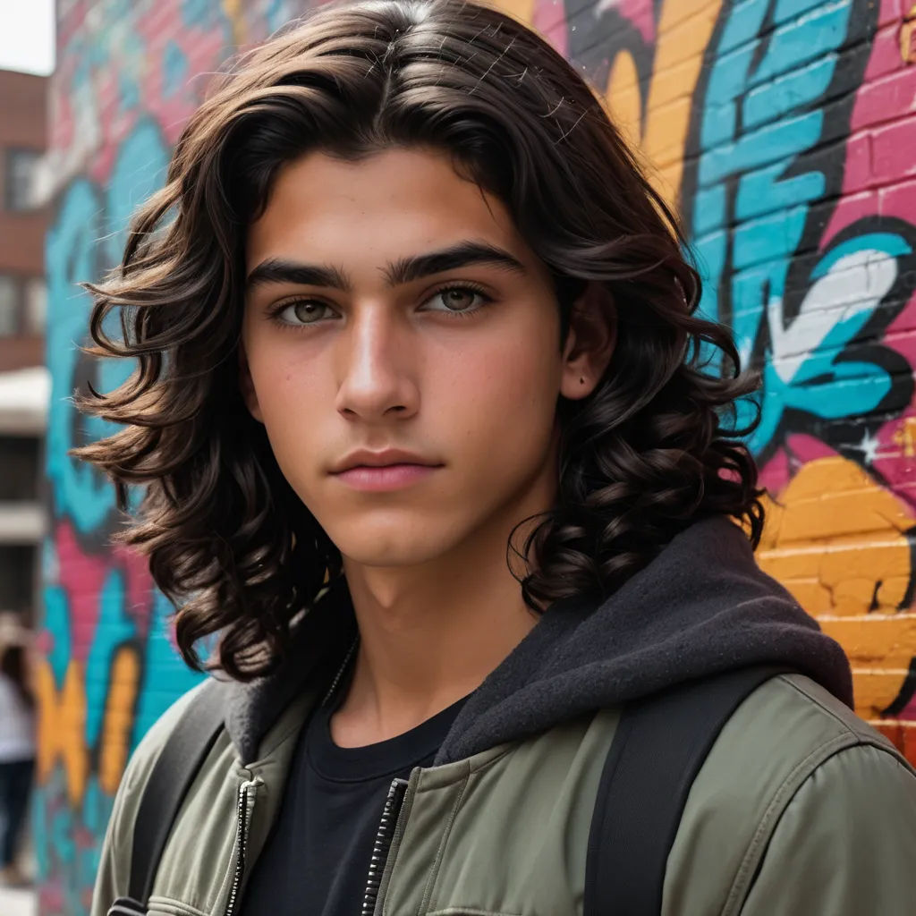a young man with long hair standing in front of a wall with graffiti on it and a backpack on his shoulder, graffiti, a character portrait, Anthony Angarola, long hair