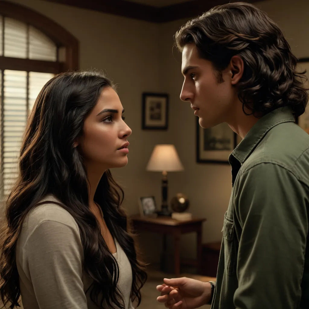 a man and a woman standing in a living room together looking at each other's eyes and talking, tachisme, a poster, Araceli Gilbert, promotional image