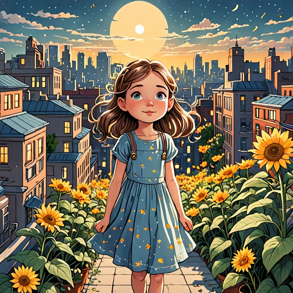 a little girl standing in a field of sunflowers with a city in the background and a full moon, fantasy art, a storybook illustration, Cliff Childs, rossdraws global illumination