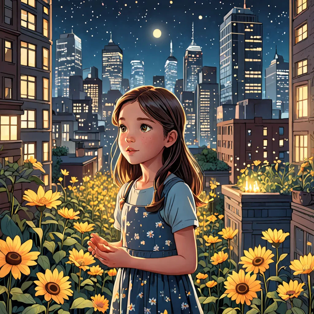 a girl standing in a field of sunflowers in front of a city skyline at night with the moon, magical realism, a storybook illustration, Aaron Jasinski, rossdraws global illumination
