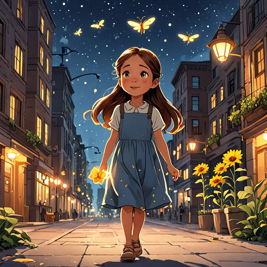 a girl in a blue dress walking down a street at night with a butterfly flying overhead and a lamp post in the background, magic realism, a storybook illustration, Cyril Rolando, fireflies