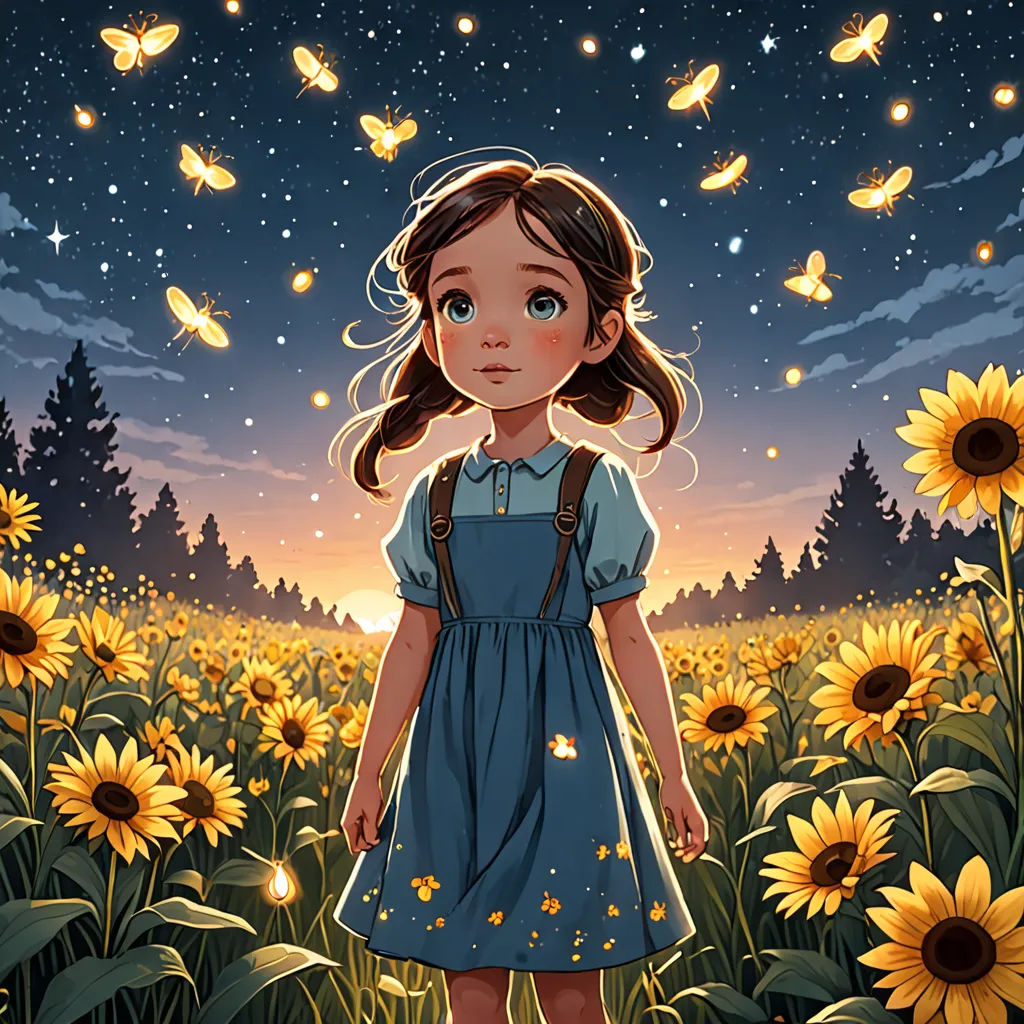 a little girl standing in a field of sunflowers with butterflies flying overhead in the sky above her, fantasy art, a storybook illustration, Cyril Rolando, trending on art station