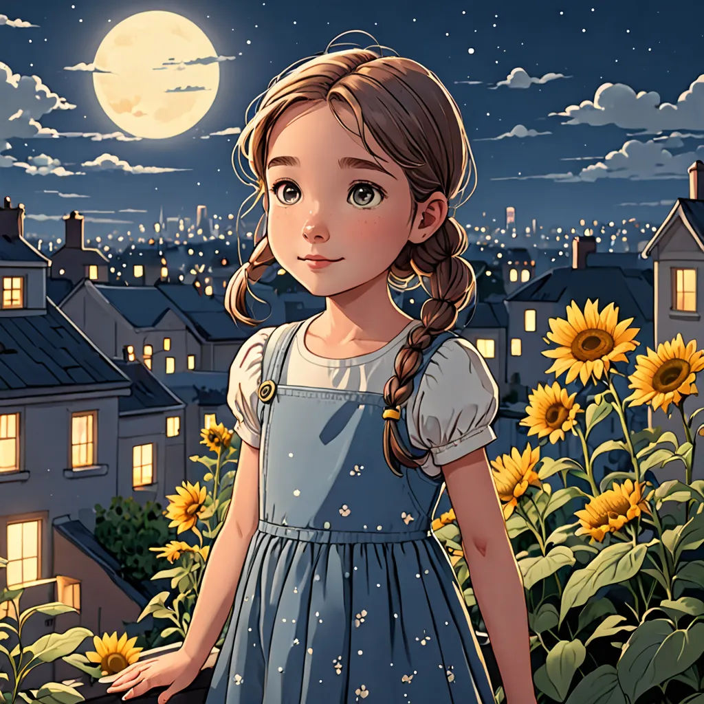 a girl in a dress standing in a field of sunflowers with a full moon in the background, fantasy art, a storybook illustration, Cliff Childs, trending on art station