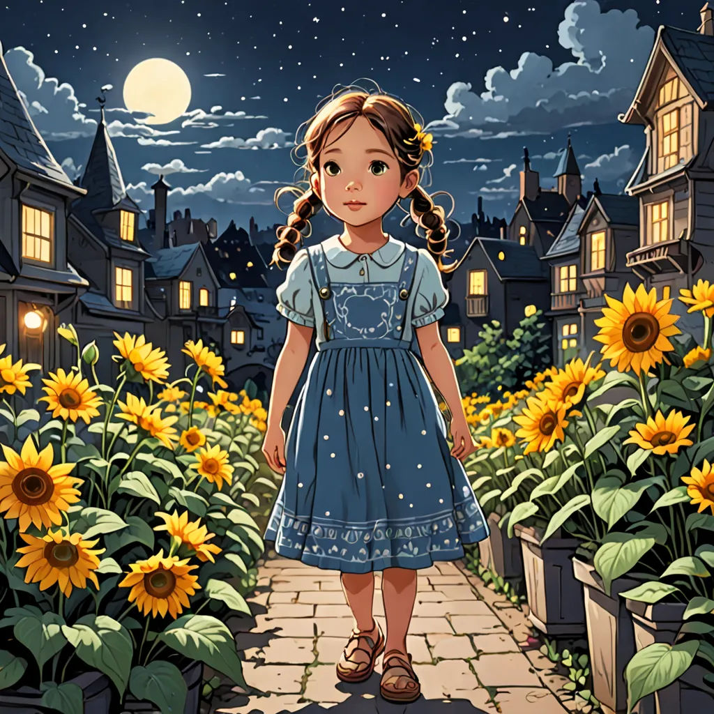a little girl standing in a garden with sunflowers in front of a full moon sky and a house, magical realism, a storybook illustration, Colin Middleton, rossdraws global illumination