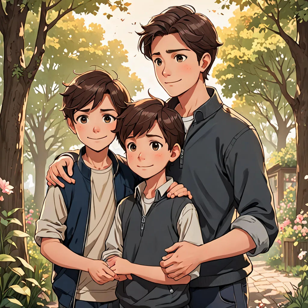 a family of three standing in a forest with trees and flowers in the background, with a boy hugging his father, lyco art, a storybook illustration, Chen Lin, official art