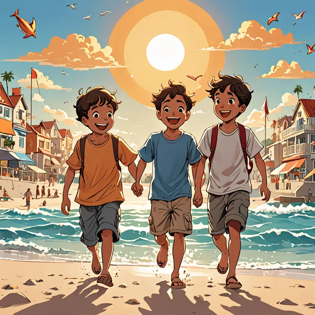 three boys walking on the beach with a bird flying in the sky above them and a beach with houses in the background, rayonism, a comic book panel, Brothers Hildebrandt, official art
