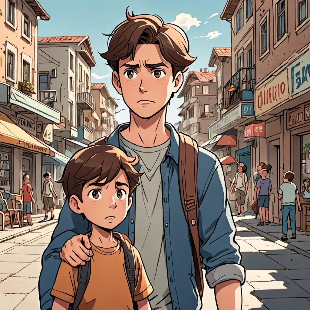 a man and a boy walking down a street in a cartoon style with a city in the background and people walking around, serial art, a comic book panel, Brothers Hildebrandt, rossdraws global illumination