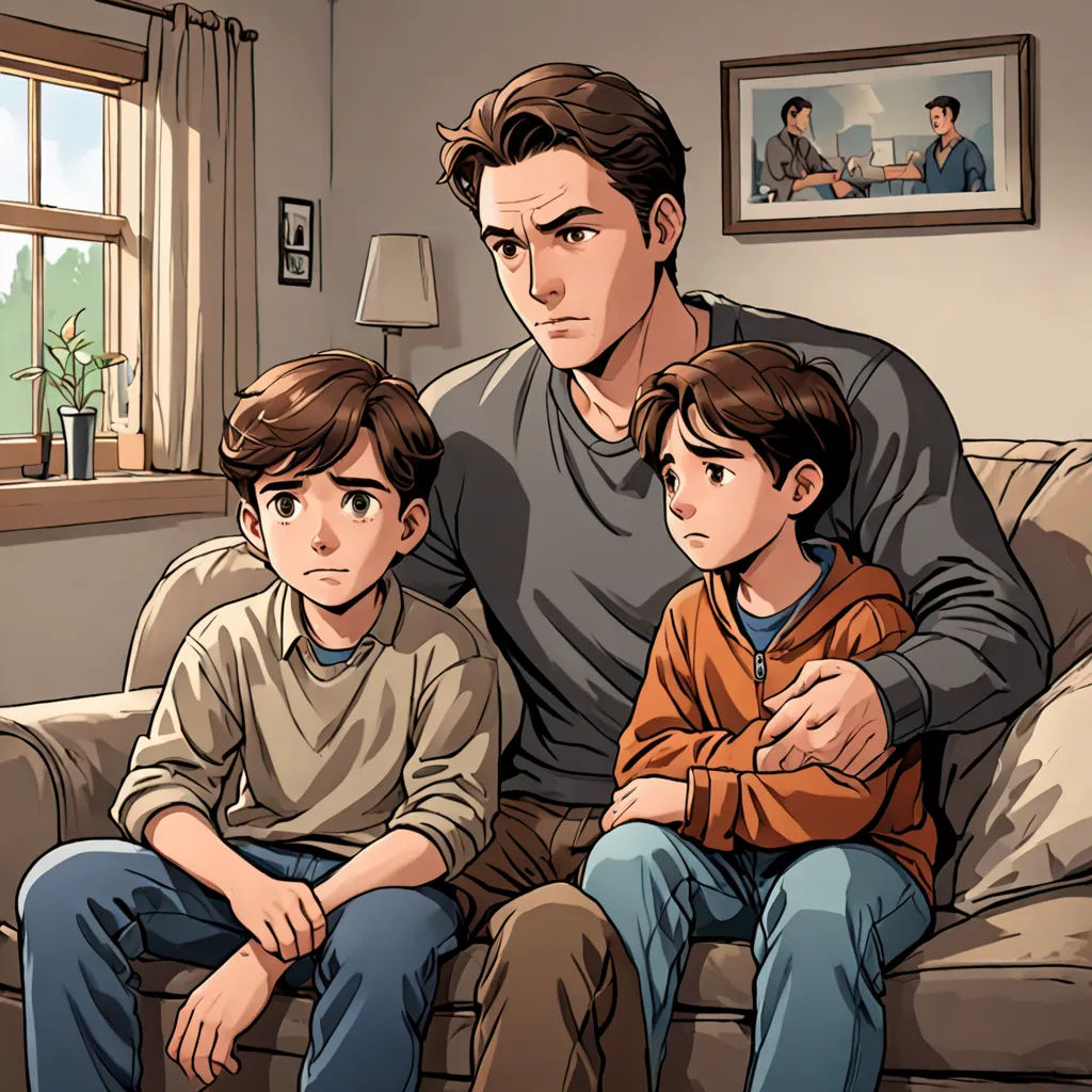 a man and two boys sitting on a couch in a living room with a window behind them and a picture of a man and two boys sitting on the couch, sots art, a comic book panel, Adam Dario Keel, official art