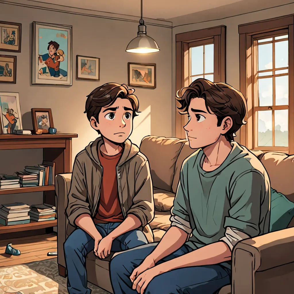 a couple of people sitting on a couch in a room with a window and a table with a lamp, sots art, a comic book panel, Everett Warner, graphic novel