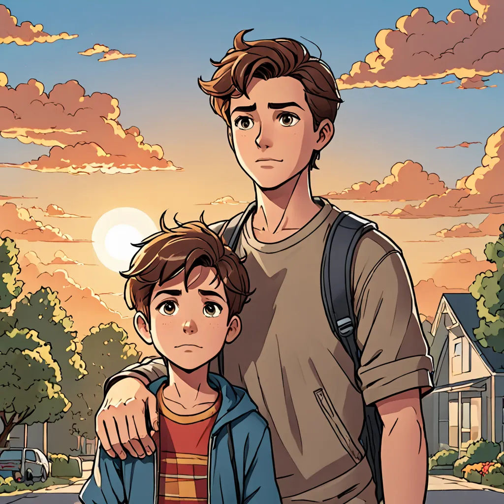 a man and a boy standing in front of a sunset with a house in the background and clouds in the sky, sots art, a comic book panel, Brothers Hildebrandt, graphic novel