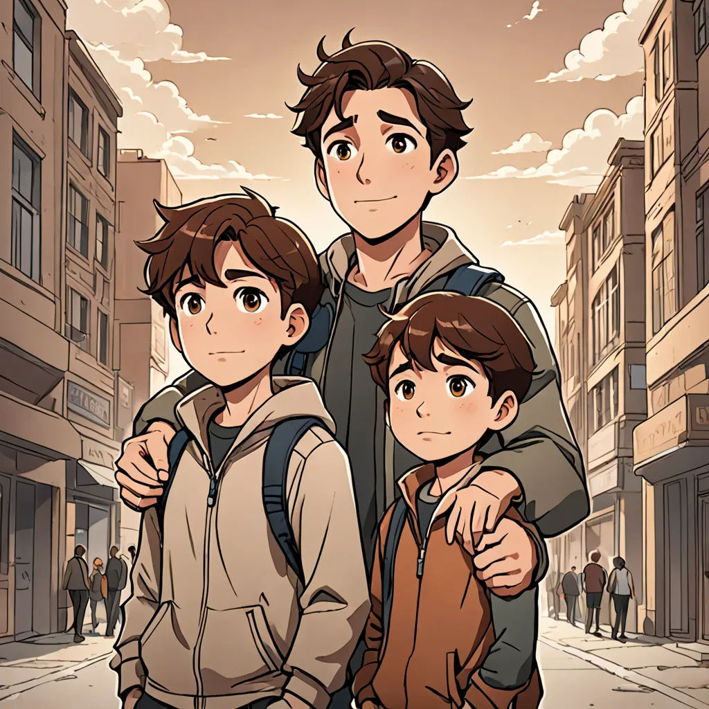 a group of people standing next to each other on a street with buildings in the background and a sky with clouds, serial art, a comic book panel, Adam Manyoki, official art