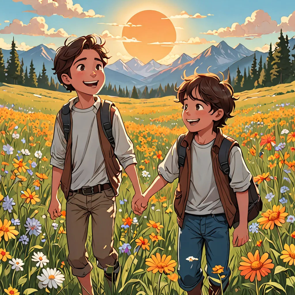 two boys are walking through a field of flowers with mountains in the background and a sun setting behind them, neo-romanticism, a storybook illustration, Brothers Hildebrandt, comic cover art