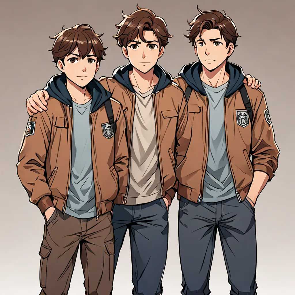 three young men standing next to each other in front of a gray background with a brown jacket on and a blue shirt on, sots art, concept art, Armin Hansen, official art