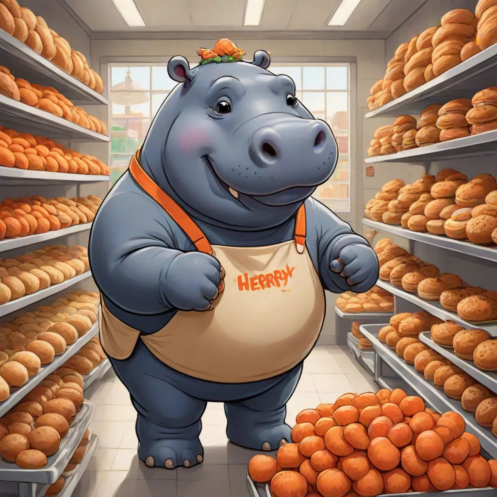 a hippo standing in front of a display of donuts and pastries in a bakery shop with a happy cartoon character, furry art, a storybook illustration, Chris LaBrooy, official art