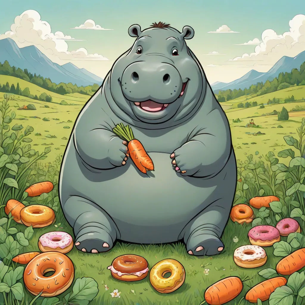 a hippo is holding a carrot in a field of donuts and carrots with mountains in the background, furry art, a storybook illustration, Chris LaBrooy, storybook illustration
