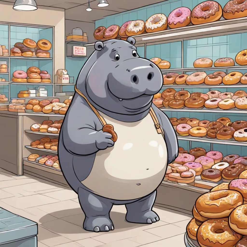 a hippo standing in front of a display of donuts and other pastries in a store with a hippo, furry art, concept art, Fernando Botero, official art
