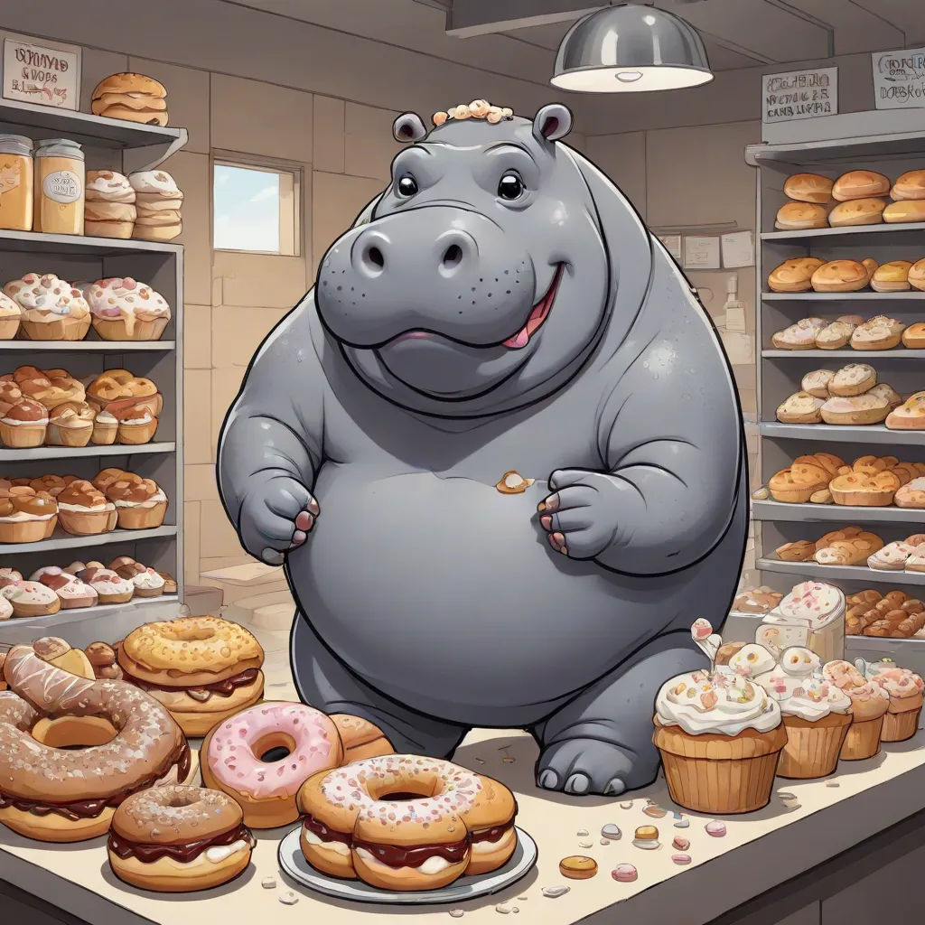 a hippo standing in front of a counter full of donuts and other pastries in a bakery, furry art, a storybook illustration, Cliff Childs, furaffinity