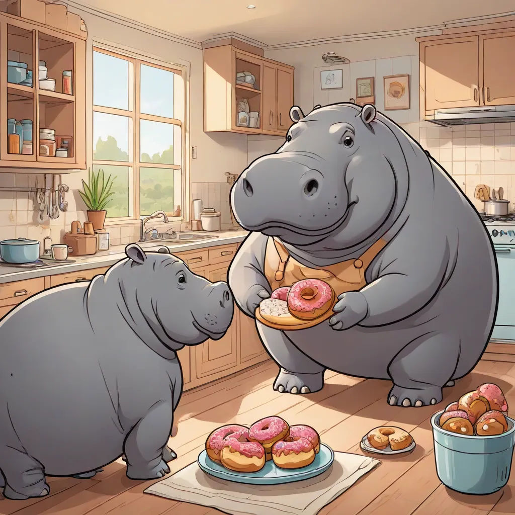 a hippo and a baby hippo eating donuts in a kitchen with a hippo looking at them, furry art, a storybook illustration, Chris LaBrooy, furaffinity
