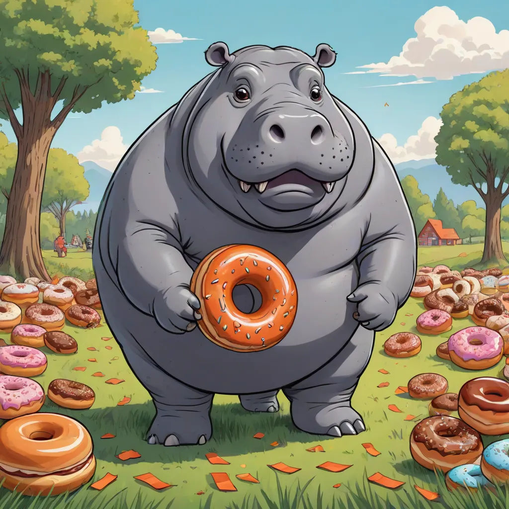 a hippo holding a donut in a field of donuts with trees in the background and a lot of donuts, furry art, a storybook illustration, Chris LaBrooy, furaffinity