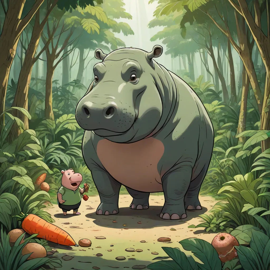 a hippo and a pig in a jungle with a carrot in the foreground and a person in the background, sots art, a storybook illustration, Diego Gisbert Llorens, storybook illustration