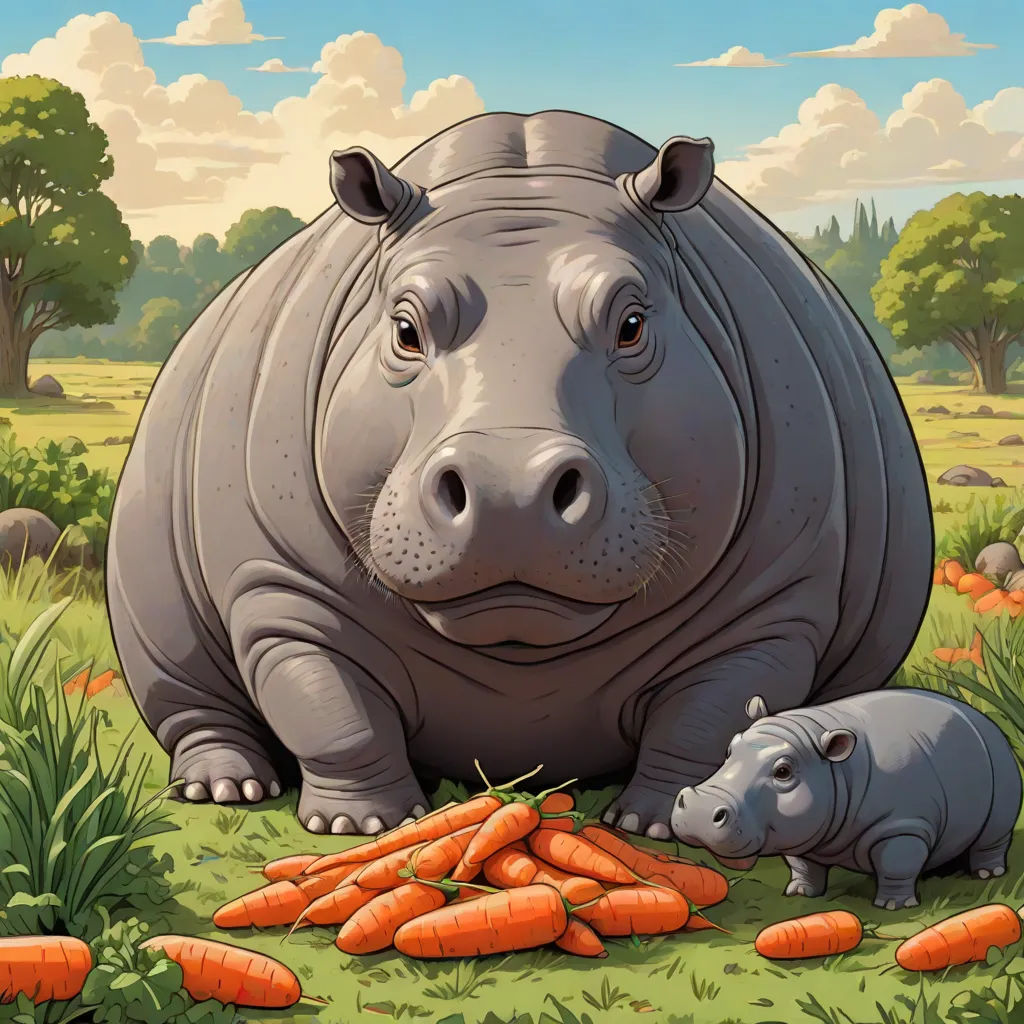 a hippo and her baby are in the grass with carrots and trees in the background, and a sky with clouds, fantastic realism, a storybook illustration, Chris LaBrooy, behance hd