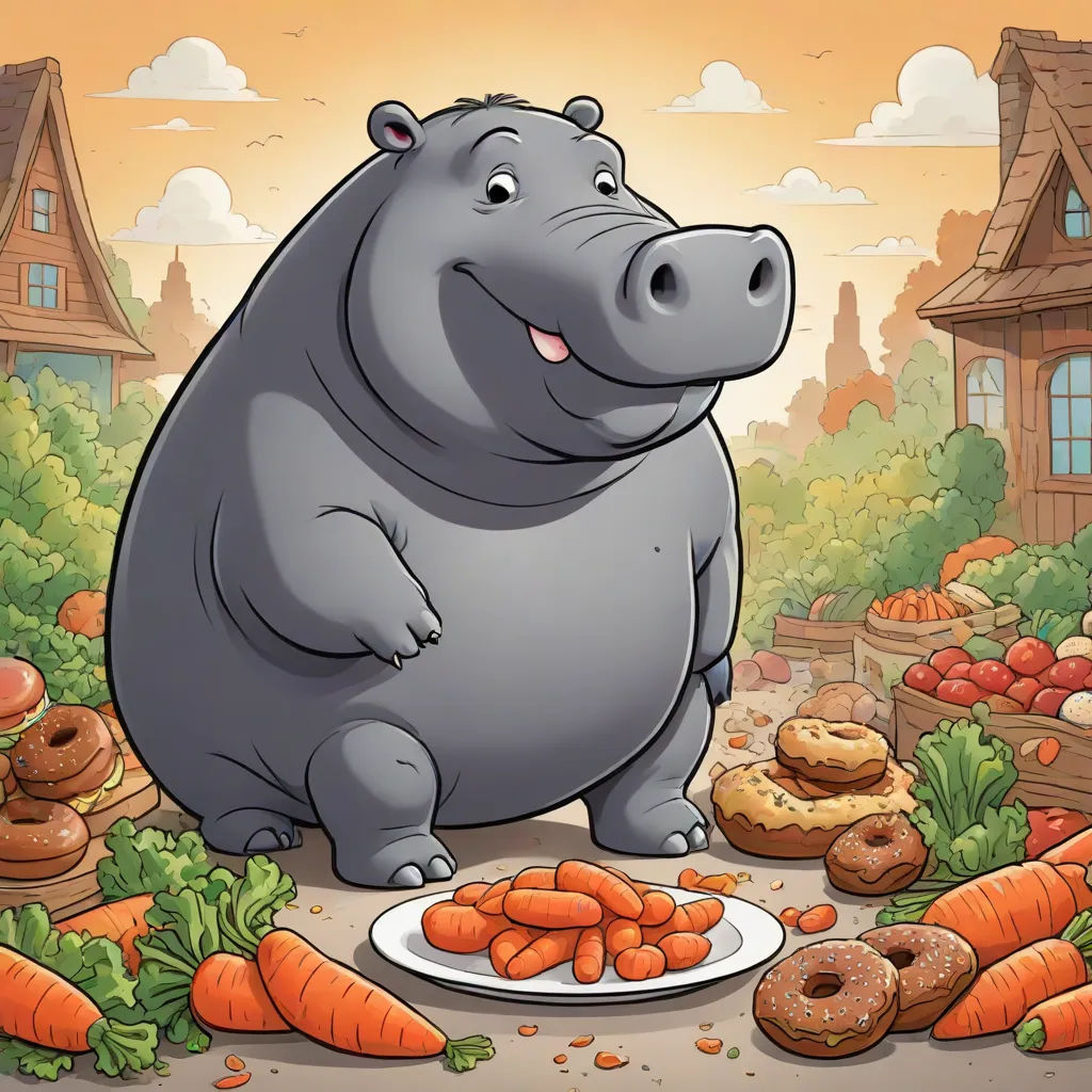 a hippo standing in front of a plate of carrots and a plate of donuts with a house in the background, sots art, a storybook illustration, Andries Stock, official art
