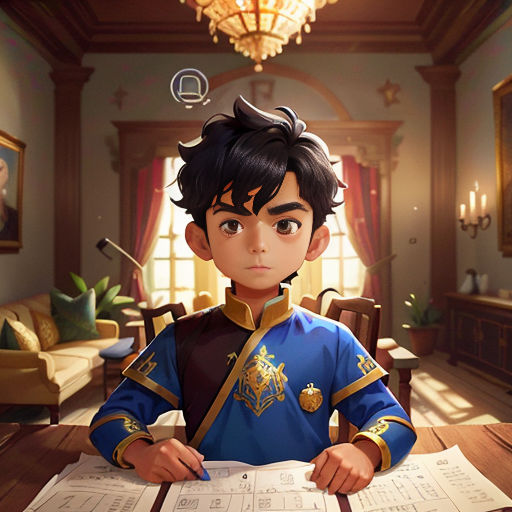 a boy in a blue uniform sitting at a table with papers and a pen in his hand and a chandelier in the background
