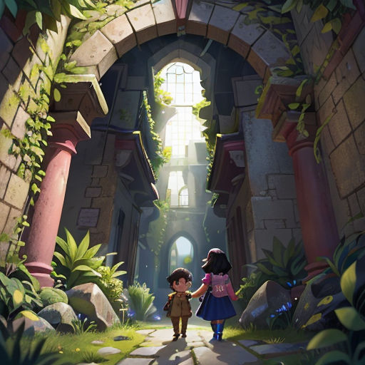 two children walking through a tunnel in a forest with a light coming through the window and a stone archway