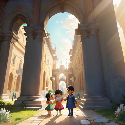 a couple of kids standing in front of a building with arches and arches on it's sides,