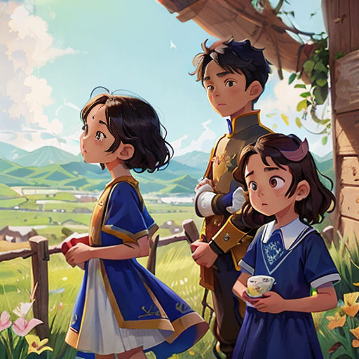 a group of children standing next to each other in a field with flowers and a tree in the background