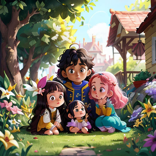 a family of four sitting in the grass in front of a house with a tree and flowers in the background