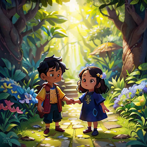 a couple of kids standing in a forest holding hands and walking towards a light at the end of the tunnel