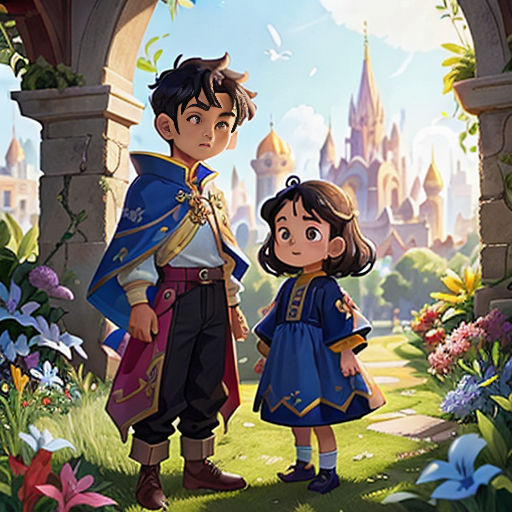 a couple of people standing in front of a castle with flowers and trees around them and a castle in the background