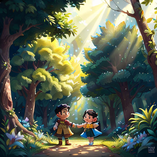 a couple of kids walking down a dirt road in the woods with trees and flowers on either side of them