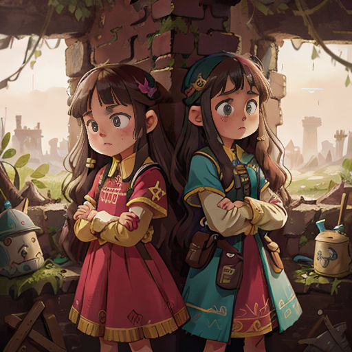 two young girls standing next to each other in front of a tree trunk with a castle in the background