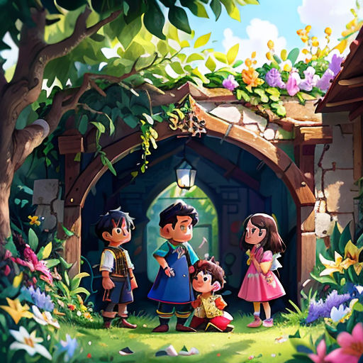 a family standing in front of a small house in a garden with flowers and trees on the side of the house