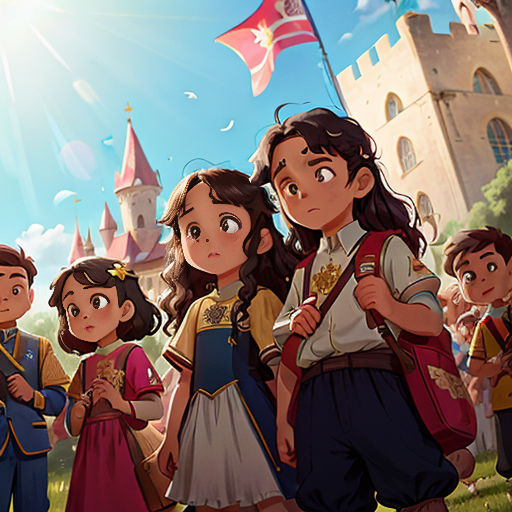 a group of children standing in front of a castle with a flag flying in the sky above them and a castle in the background