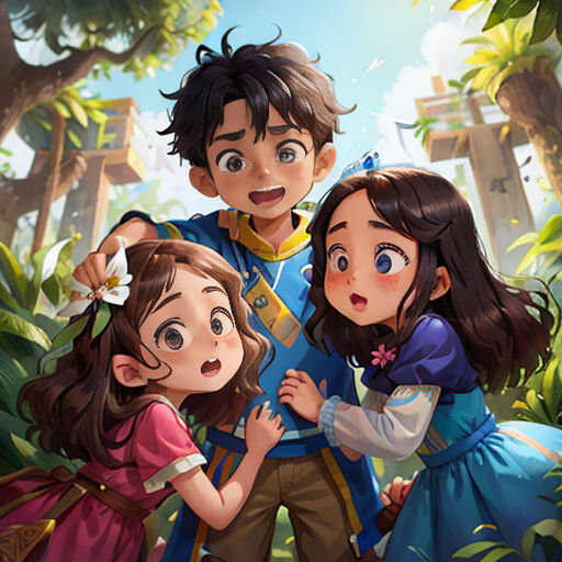 a group of children standing in front of a forest with a man and woman in the background and a boy in the foreground