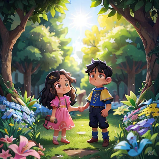 a boy and a girl are standing in the woods holding hands and looking at each other with a bright light shining on them