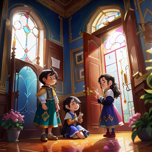 a group of children standing in front of a doorway with a stained glass window behind them and a potted plant