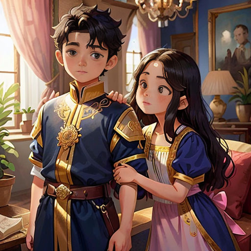 a boy and a girl in a room with a chandelier and a painting of a man and woman