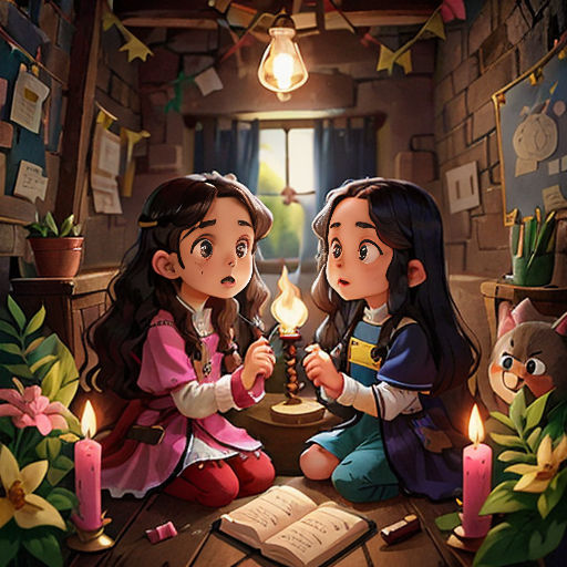 two girls sitting on the floor with candles in their hands and a book in front of them, with a window in the background