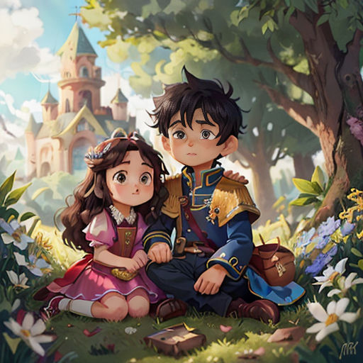 a couple of people sitting on top of a lush green field next to a forest filled with flowers and trees